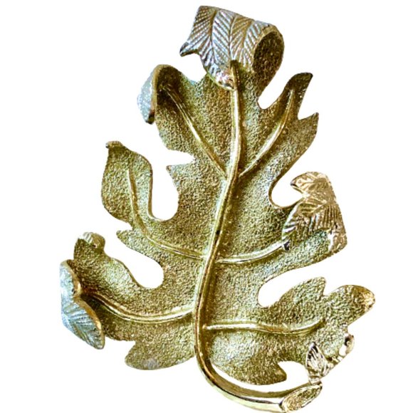 SARAH COVENTRY Vintage Oak Leaf Brooch Gold & Silver Tone Textured Big… - Picture 4 of 11